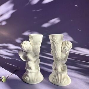Pair of White Ceramic Cherub Bud Candlesticks for Taper Candles